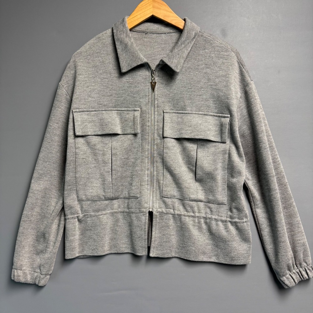 Grey Cotton Blend Zip Up Utility Jacket Pointed Collar Drawstring Waist Pockets